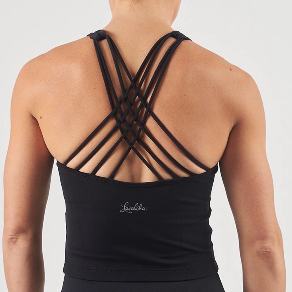Strappy Crop Top. Black Supportive Top with Shelf Bra. Activewear Workout Top.
